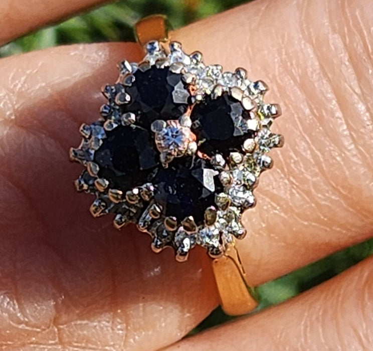 2030: Vintage; 18ct Gold French Blue Sapphires 24 natural Diamonds Geometric Set Cocktail Ring- From 1974