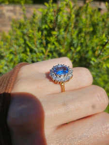 9094 : Vintage: Exceptional 18ct Gold Ceylon Blue Sapphire Diamonds Diana Cluster Ring- From 1982