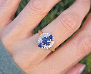 Antique: 18ct Gold Art Deco Cornflower Blue Sapphires Diamonds Geometric Set Ring