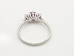 2357: Vintage; 18ct White Gold Ruby Round Full Cut Diamonds 3- Stone Straight Ring- From 1978