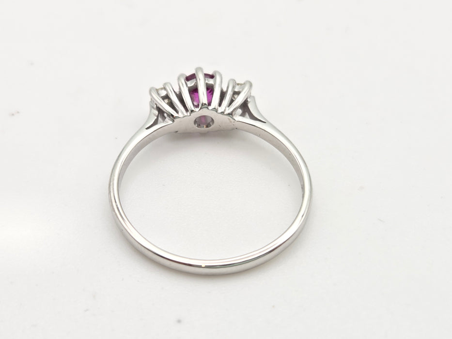 2357: Vintage; 18ct White Gold Ruby Round Full Cut Diamonds 3- Stone Straight Ring- From 1978