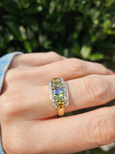 1463: Vintage: 9ct Gold Mixed Coloured Topaz Diamonds Cocktail Ring- lovely combination