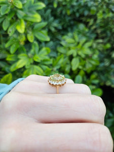 0106: Vintage: 9ct Gold Large Green Topaz Glacier Topaz Halo- beautifully paired cluster ring