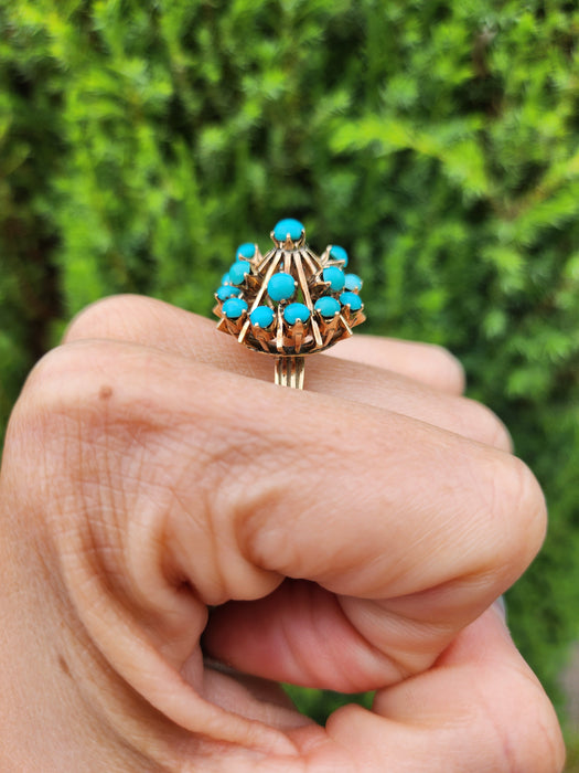 1848: Vintage; 14ct Gold 19 Turquoise Domed Statement Ring- superb