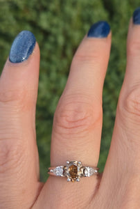 Vintage: 14ct White Gold Pear Cut Cognac Diamond (0.63ct) Diamonds 3 -Stone Ring - a rare, sparkling find.