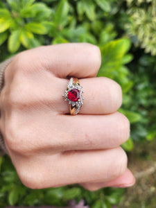 A8161: Vintage: 9ct Gold Heart Cut Ruby Diamonds Dress Ring- cute, sparkly, lovely combination