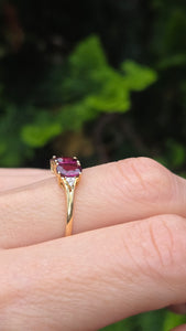 2540- Vintage: 9ct Gold Purple Amethyst Diamonds Trilogy Ring