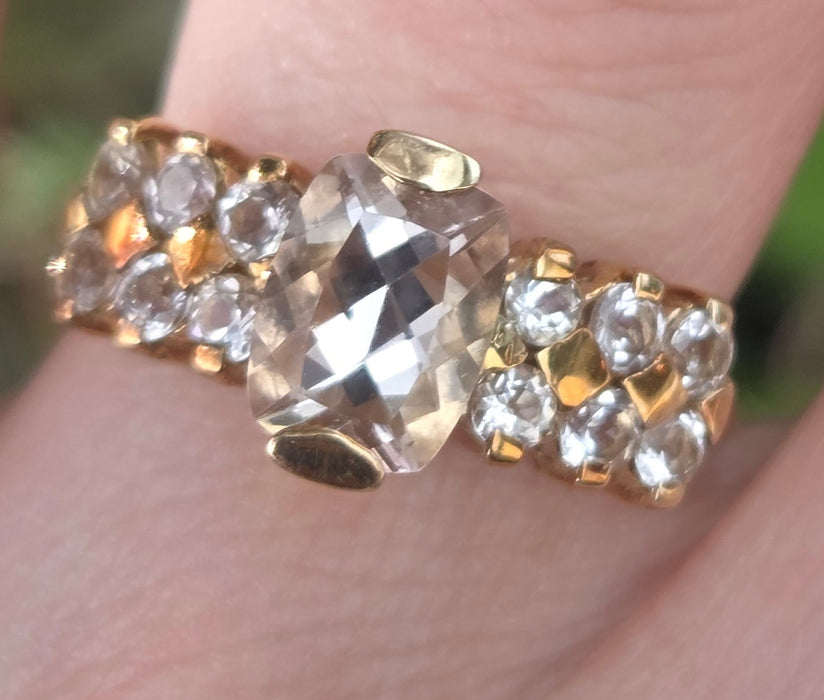 3199 Vintage: 9ct Yellow Gold Morganite & White Sapphire Cluster Ring — From 1983
