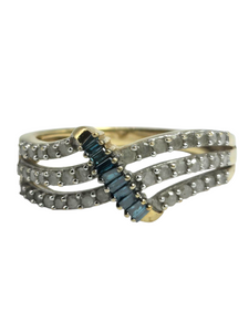 1895: Vintage: 9ct Gold Blue & White Diamonds Openwork Dress Ring- 50 natural sparkling diamonds
