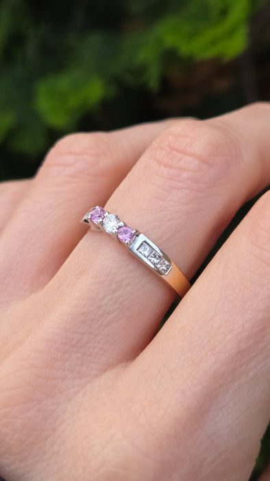 6329  Vintage: 18ct Gold Pink Sapphires Brilliant Cut Diamonds Stacker Ring