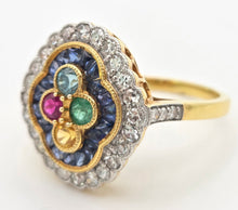 Load image into Gallery viewer, Vintage: 18ct Gold Art Deco Style  Harlequin Multi-Gem Diamonds Cluster Ring- Rainbow beauty
