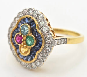 Vintage: 18ct Gold Art Deco Style  Harlequin Multi-Gem Diamonds Cluster Ring- Rainbow beauty