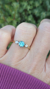 6230 Vintage: 18ct Gold  Platinum Ceylon Blue Zircon Twin Diamonds Dress Ring