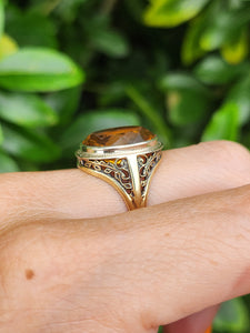 1957: Vintage; 14ct Gold Large (8ct) Oval Yellow Citrine Solitaire Ring- Old, lovely mature stone.