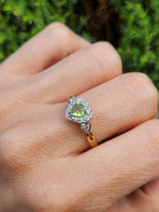 1631: Vintage: 9ct Gold Heart-Cut Peridot 14 Diamonds Cluster Ring- Lush, sparkling, beauty