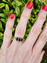 Load image into Gallery viewer, 1322: Vintage: Rare 9ct Gold Green Garnet Trilogy Ring lovely cut and colours
