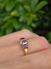 Load image into Gallery viewer, 2160: Vintage; 9ct Gold Blue Aquamarine Scarlet Red Topaz Dress Ring- seductive combination
