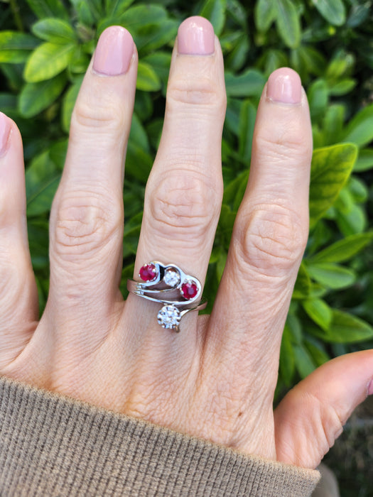 6842 Vintage; 14ct White Gold Rubies Diamonds  Openwork Bypass Dress Ring
