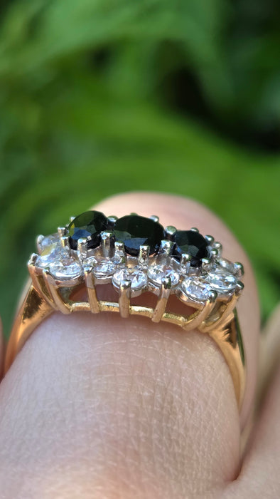 Vintage: 9ct Yellow Gold Sapphire & Simulated Diamond Cluster Ring
