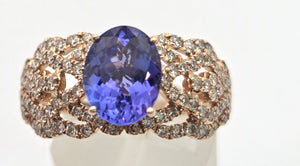 2344: Vintage:&nbsp; 14ct Gold&nbsp; Large Vibrant Blue Tanzanite Pave Diamonds Openwork Dress Ring- Exceptional
