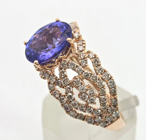 2344: Vintage:&nbsp; 14ct Gold&nbsp; Large Vibrant Blue Tanzanite Pave Diamonds Openwork Dress Ring- Exceptional