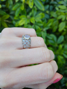 0649: Vintage: 9ct Gold Pale Blue Moonstone 32 Diamonds Dress Ring- lovely combination,