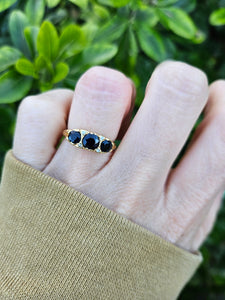 0452: Vintage: 18ct Gold French Blue Sapphires Trilogy Diamonds Ring- Date-Mark 1973