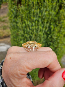 0404: Vintage: Statement 9ct Gold Marquise Cut Yellow Citrine 14 Diamonds Openwork Ring