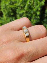 Load image into Gallery viewer, 1683: Vintage: 18ct Gold Vivid White Opals Trilogy Diamonds Dress Ring- reassuring weight
