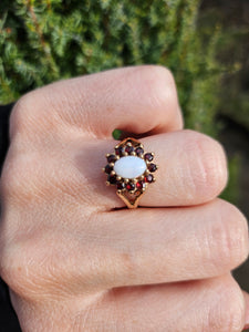 6058 Vintage (1960's) Opal Garnets Halo Cocktail Ring- lovely combination