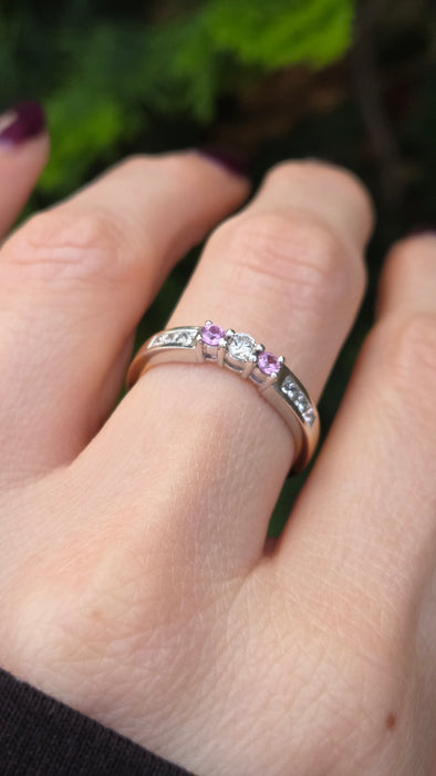6329  Vintage: 18ct Gold Pink Sapphires Brilliant Cut Diamonds Stacker Ring