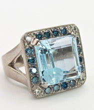 Load image into Gallery viewer, VINTAGE; 14ct White Gold Large Emerald Cut Aquamarine (13.9ct) , Blue Diamonds Statement Cocktail Ring
