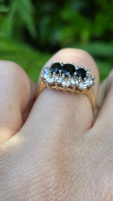 Vintage: 9ct Yellow Gold Sapphire & Simulated Diamond Cluster Ring