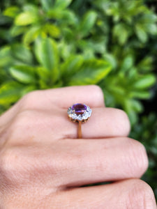 0096: Vintage:9ct Gold Oval Amethyst 12 Diamond Halo Ring-