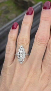 2507: Vintage 9ct White Gold 35 Natural Diamonds Marquise Set Ring