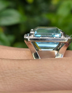 VINTAGE; 14ct White Gold Large Emerald Cut Aquamarine (13.9ct) , Blue Diamonds Statement Cocktail Ring