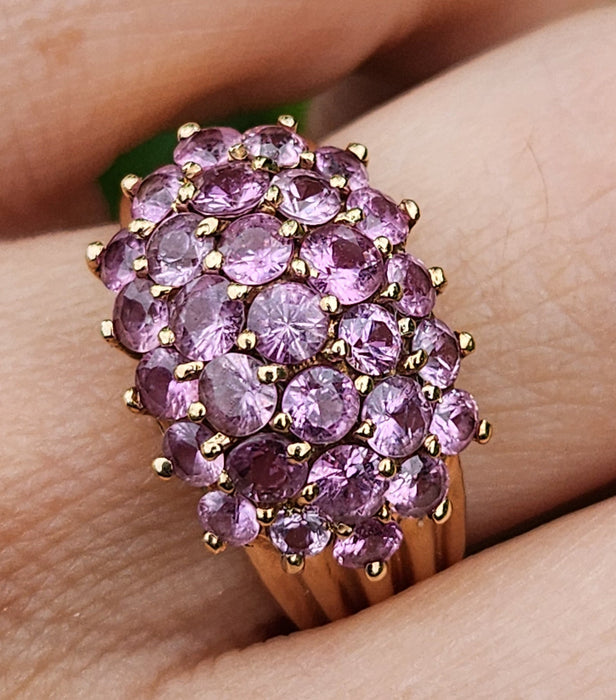 6115 Vintage 9ct Gold 29 Pink Sapphires Cocktail Ring
