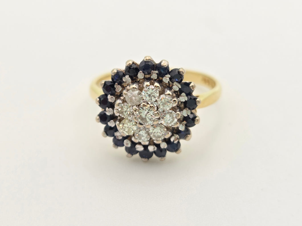 2324: Vintage: 18ct Gold Blue Sapphires Diamonds Target Ring- From 1974