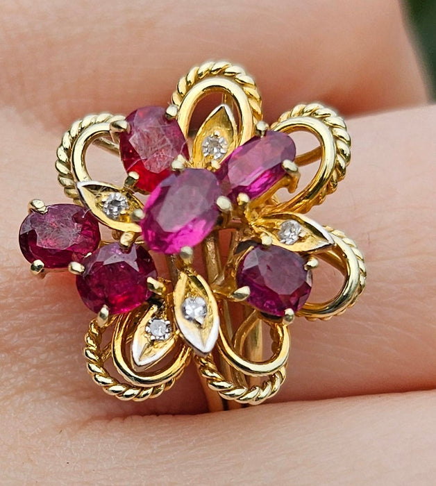1508: Vintage: 14ct Gold Rubies Diamonds Cocktail Cluster Ring - Statement