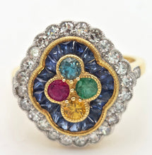 Load image into Gallery viewer, Vintage: 18ct Gold Art Deco Style  Harlequin Multi-Gem Diamonds Cluster Ring- Rainbow beauty
