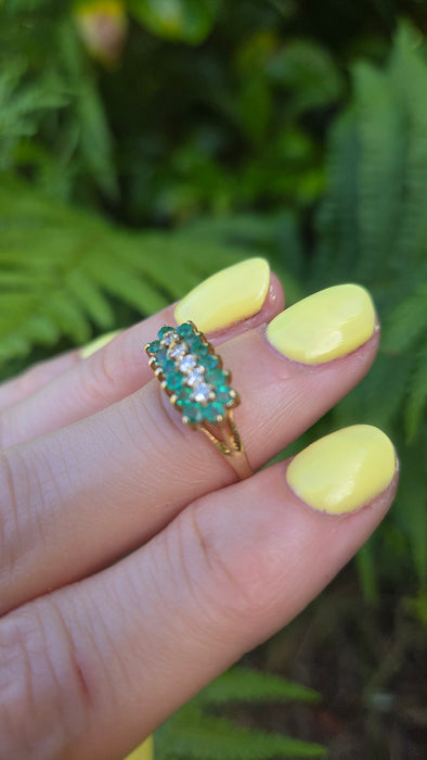 Vintage: 9ct Yellow Gold Emerald & Diamond Triple Row Ring — From 1989