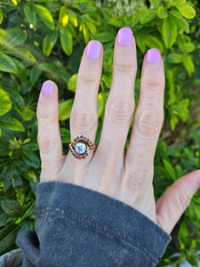 0796: &nbsp;Vintage: 18ct Gold Ice White Zircon Rubies&nbsp; Cluster Ring- statement, rare combination