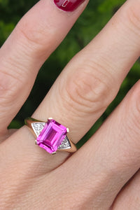 2500 Vintage: 14ct Gold Emerald Cut Pink Sapphire Natural Diamonds Ring
