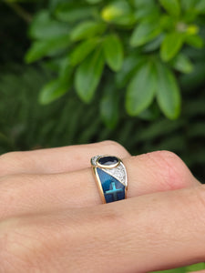 2149: Vintage: 9ct Gold Blue Sapphire, Enamel Diamonds Art Deco Style Ring- Geometric beauty