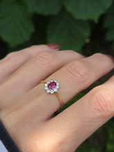 Cargar imagen en el visor de la galería, 1959: Vintage: 18ct Gold Pidgeon Blood Ruby Natural Diamonds (0.25ct) Cluster Ring- exudes quality

