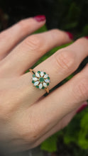 Load image into Gallery viewer, 2546- Vintage: 9ct Gold 9 Emeralds 8 White Opals Daisy Flower Head Ring
