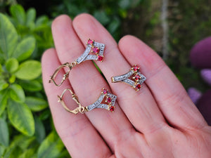 0551: Vintage: 9ct Gold Rubies Diamonds Drop Earrings- nice weight