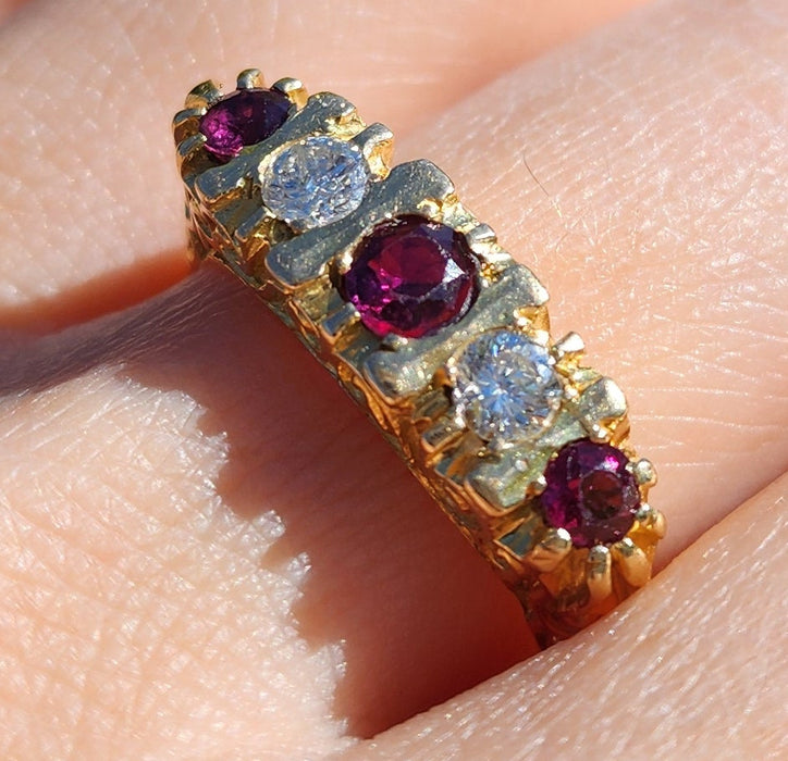 6519 Vintage: 18ct Yellow Gold Ruby & Diamond Five-Stone Carved Half Hoop Ring — From 1978