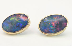 2082:Vintage: Large Blue 14ct Gold Australian Blue Opal Stud Earrings- fabulous statement earrings