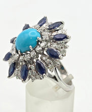 Cargar imagen en el visor de la galería, 2269: Vintage: 14ct White Gold Turquoise, Blue Sapphires, 56 Diamonds Statement Cluster Ring
